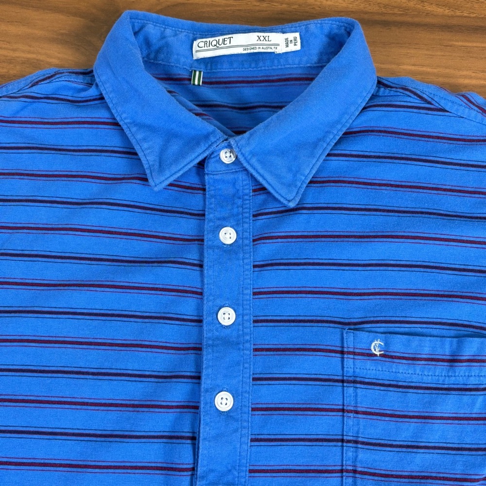 Criquet Mens XXL Polo Shirt Blue Striped Golf Casual‎ Button Up Organic Cotton